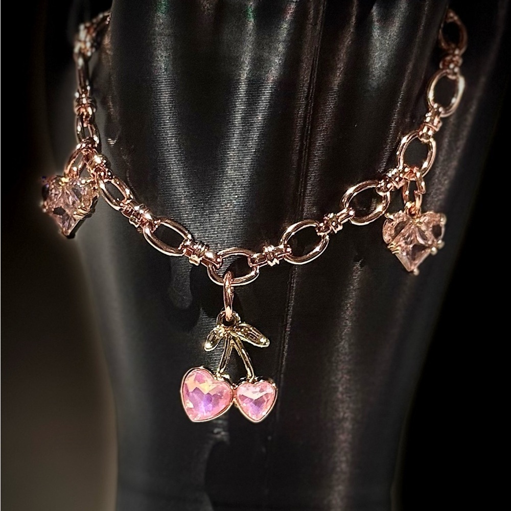 Pink Heart and Cherry Charm Bracelet
